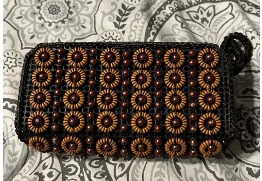 Handmade Wristlet double Zipper Clutch Beaded Brown Black Crochet Bohemian